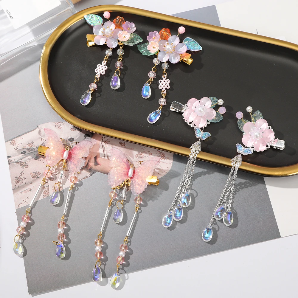 AWAYTR Chinese Style Flower Pearl Tasell Hairpin Butterfly Bow Hair Clip Chain Pendant Hairgrip for Kid Girls Hanfu Accessories