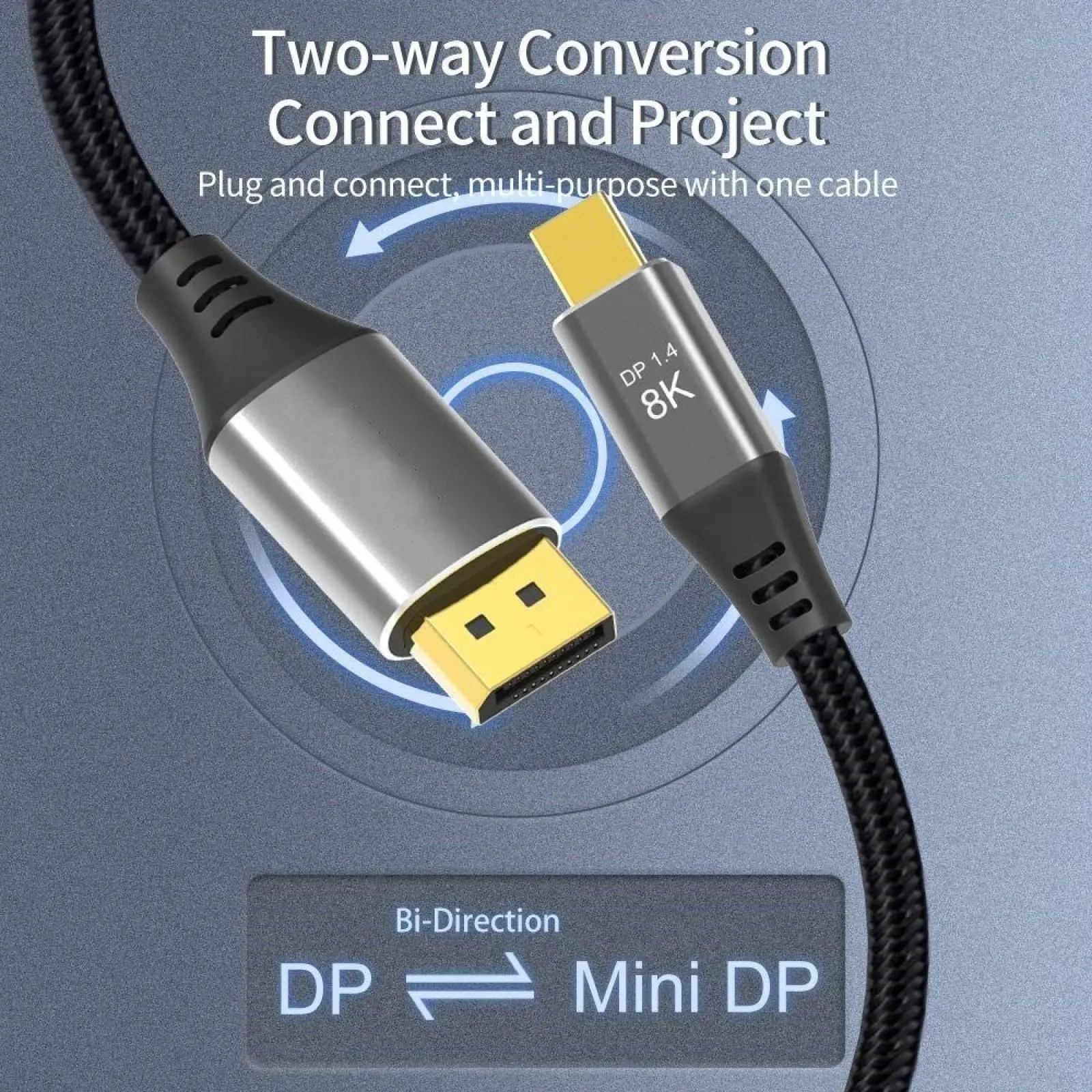 Mini DP to DisplayPort Converter 8K Cable Bi-Directional Transmission Mini Display Port to DisplayPort 1.4 Adapter 4K@144Hz Cord