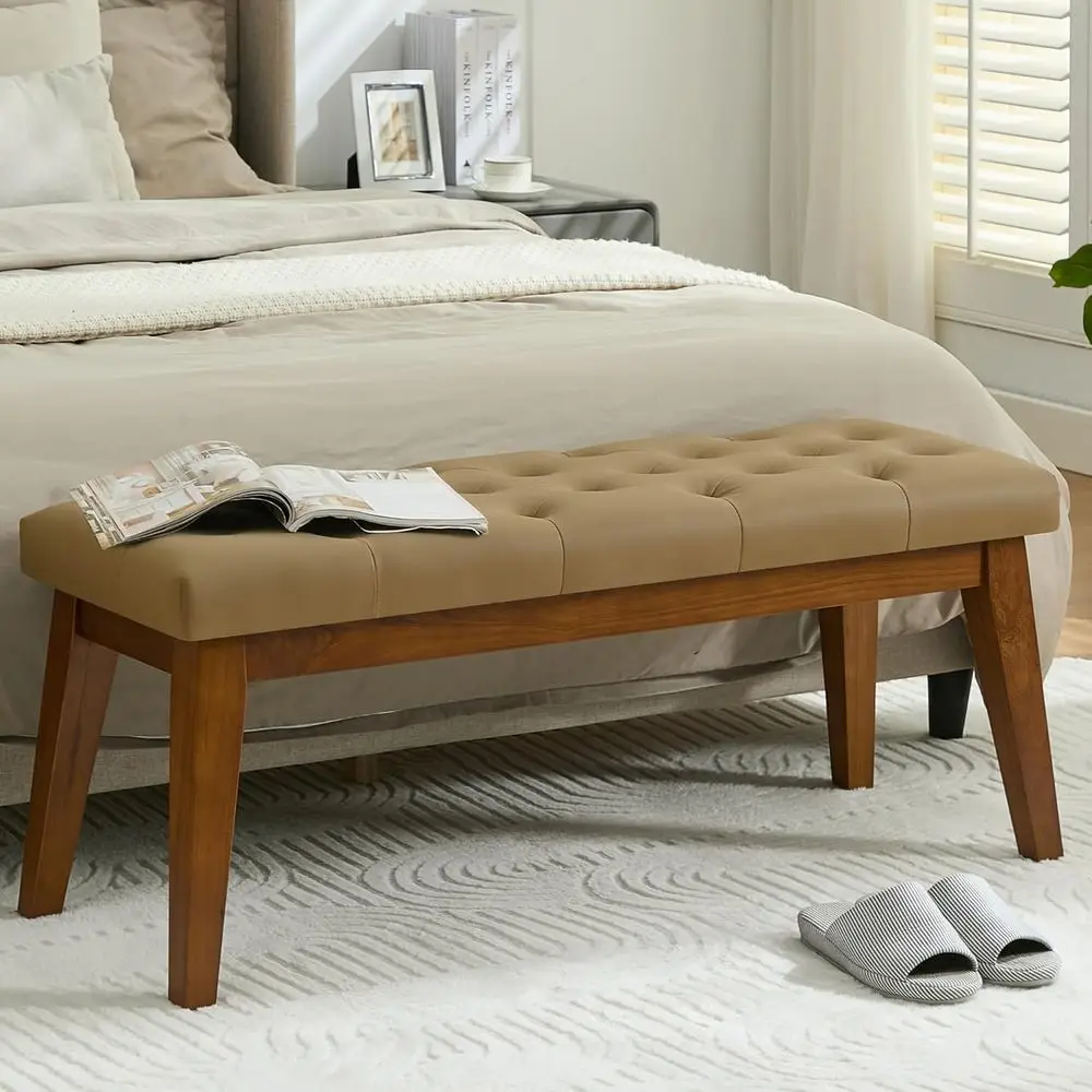 

Vintage Light Brown Leather Bedroom Bench with Button Tufting and Solid Wood Legs for Entryway, Kitchen, Living Room, and Hallwa