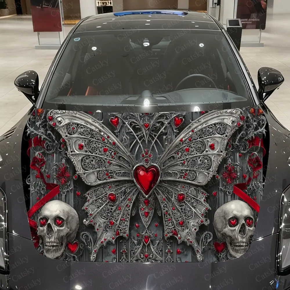 

Silver Butterfly Blood Heart Skull Car Vinyl Wrap, PVC Waterproof Car Hood Sticker, Self-Adhesive Scratch-Resistant Stickers