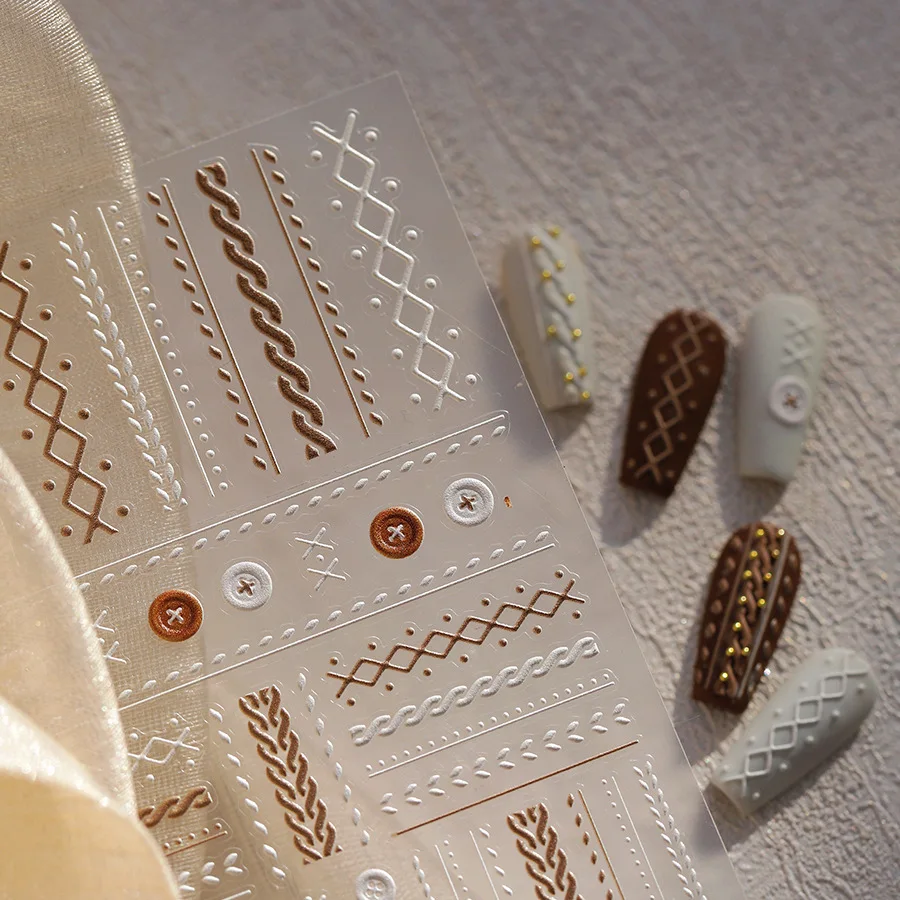 Woolen Grid Pattern Button Bowknot Nail Art Stickers Embossed Design Adhesive Winter Nail Art Decoration High Quality