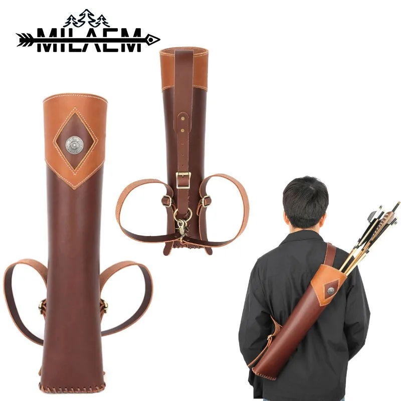

1pc Archery Leather Traditional Shoulder Back Arrow Bag Cowhide Leather Backpack Arrow Quiver for Bow Hunting Shooting Target