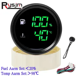 Custom Fuel Level Gauge + Water Temp with Warning Digital Dual 52mm 2 In 1 Gauge for Fuel Level Sensor 0-190ohm Marine Boat Car