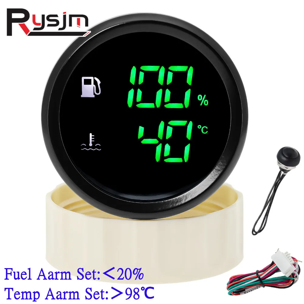 Fuel Level Gauge + Water Temp with Warning Digital Dual 52mm 2 In 1 Gauge for Fuel Level Sensor 0-190ohm Marine Boat Car Truck