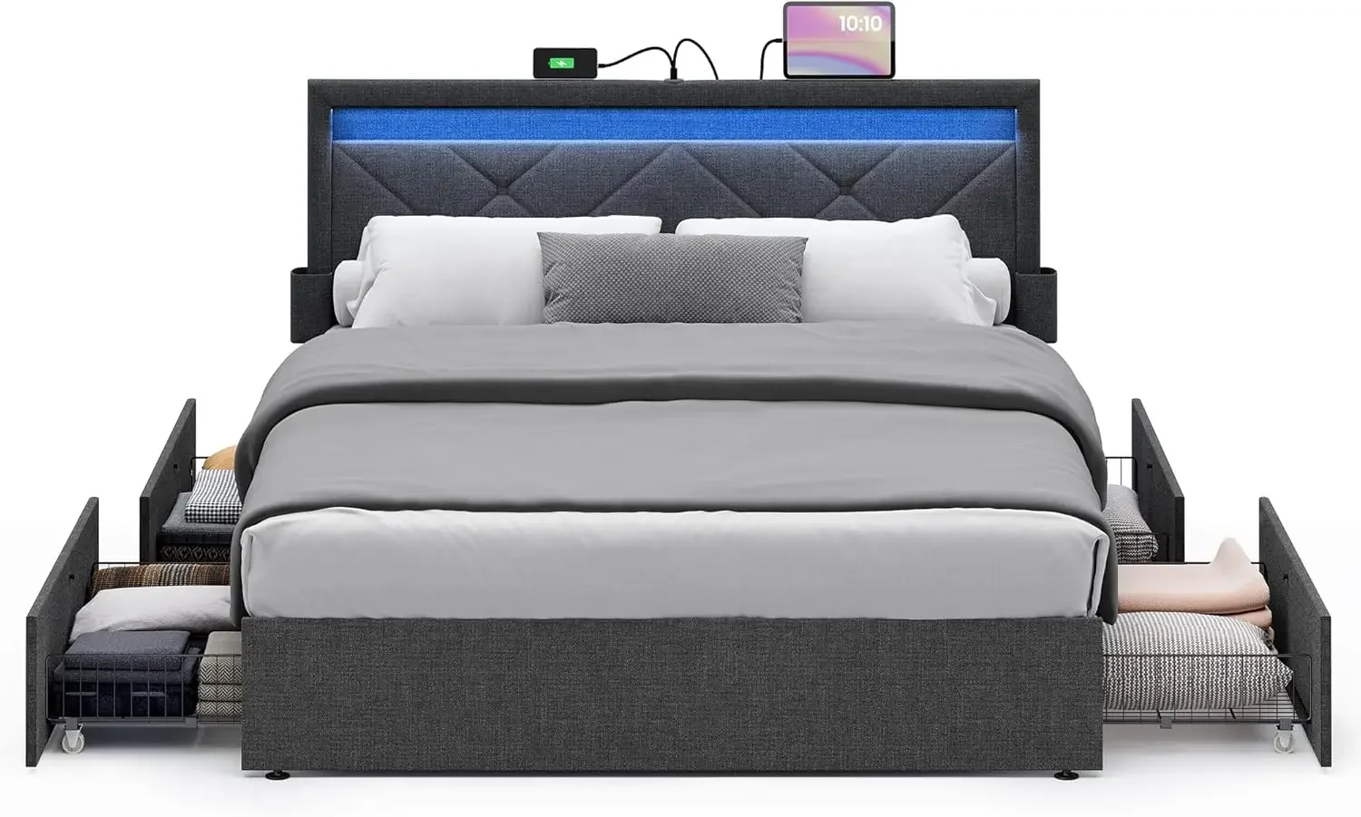 LED Bed Frame Queen Size with Headboard and 4 Drawers, 1 USB Port and 1 Type C Port, Adjustable Upholstered Headboard