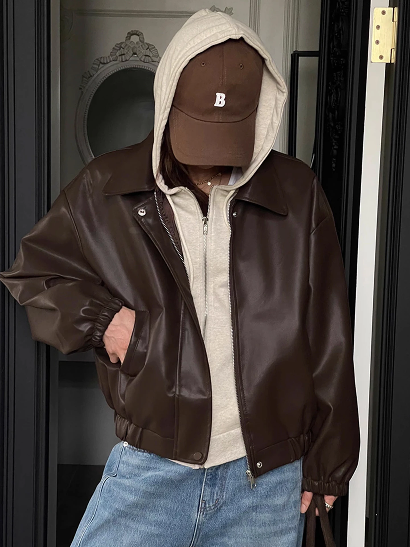 Giacca da motociclista in pelle PU premium da donna, con cerniera, stile vintage, casual, vestibilità ampia, maniche lunghe, novità invernale