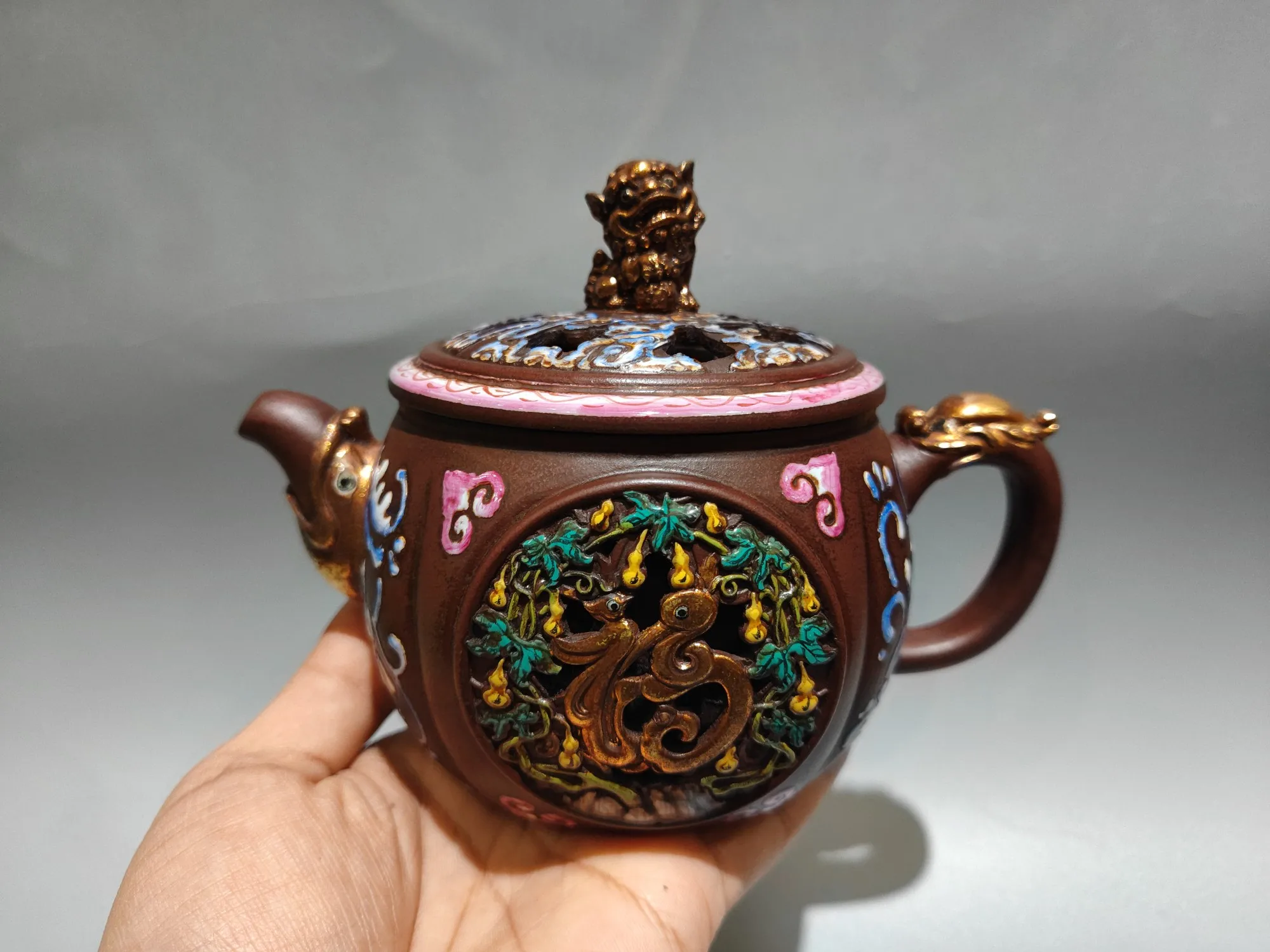 Old Chinese Handcraft Enameled  YiXing Zi Sha Clay  (red stoneware) Teapot,Gold-inlaid, Color-pointed Hollowed teapot