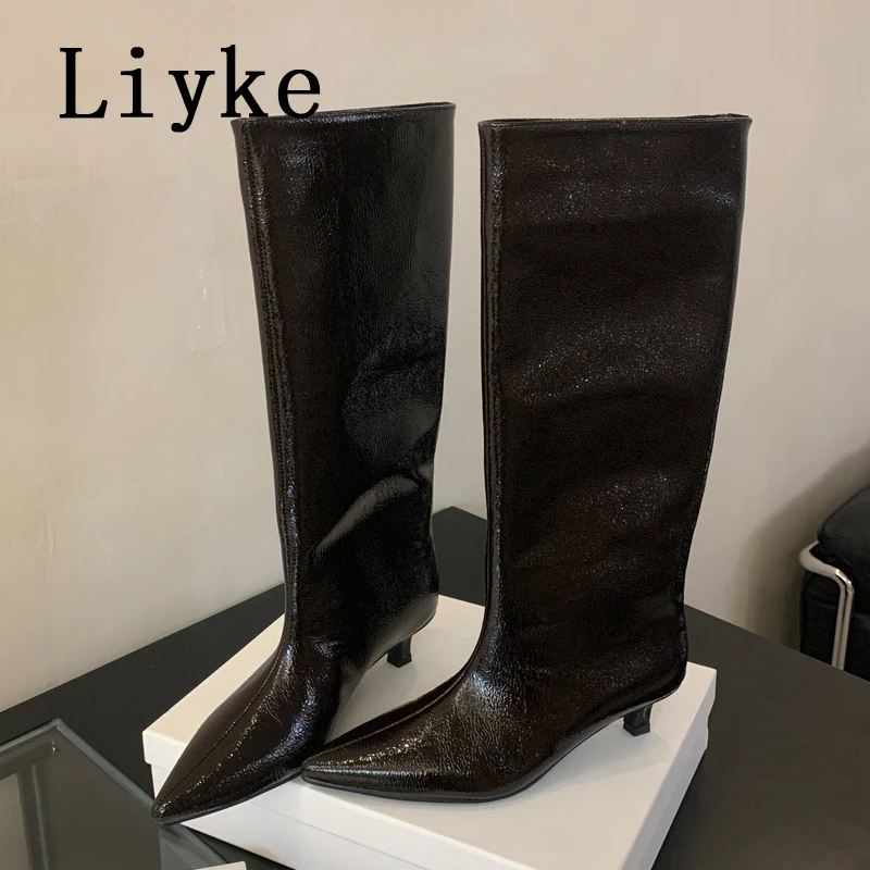 Liyke Sexy Pointed Toe Low Thin Heels Modern Boots Women Cozy PU Leather Knee High Booties Stiletto Runway Shoes Woman Size 40