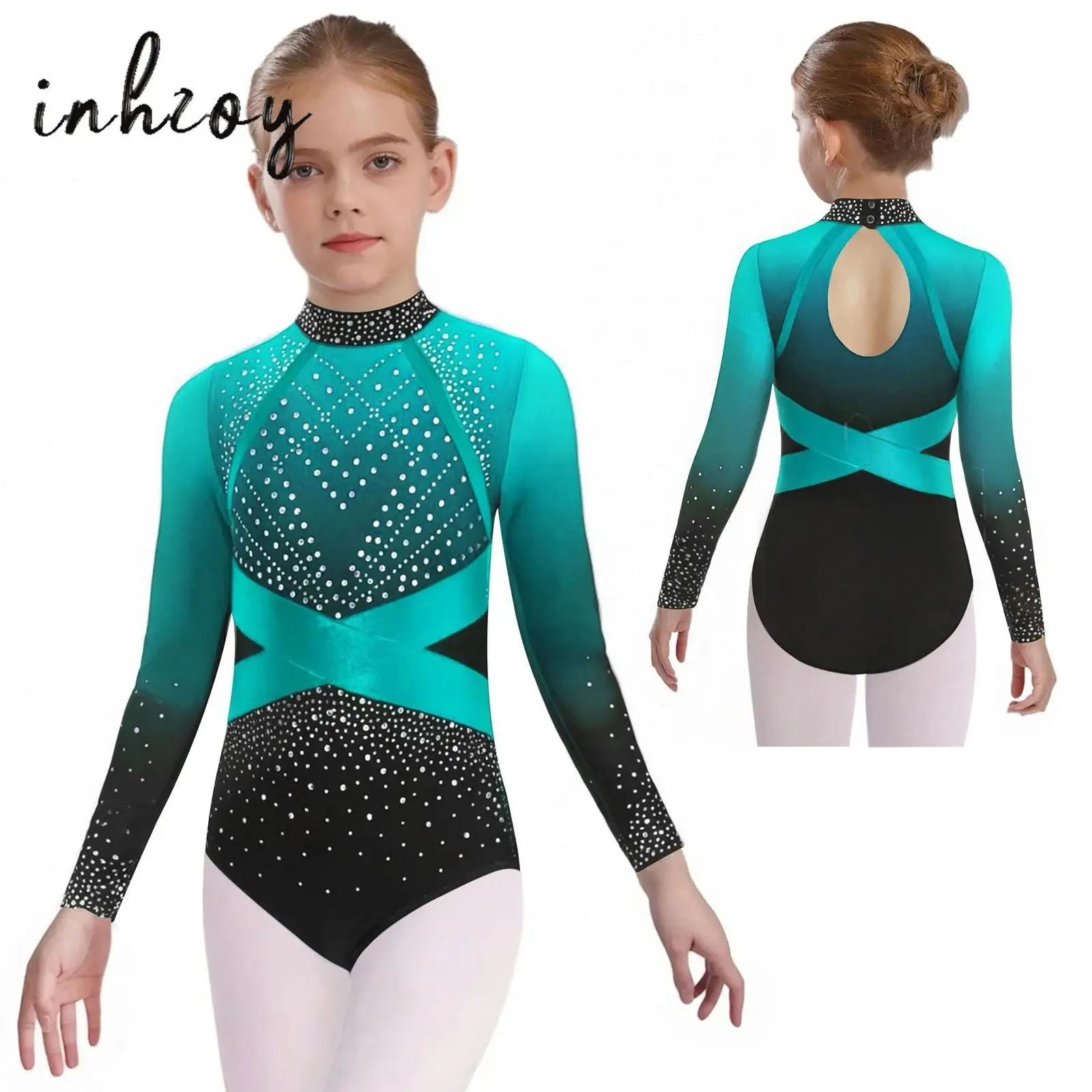

Kids Girls Gymnastics Leotard One Piece Color Block Shiny Faux Diamonds Long Sleeve Jumpsuit Ballet Dance Bodysuit Ballerina