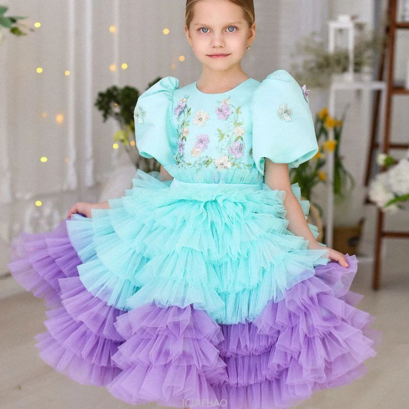 

2025 Colorful Kids Party Dress New Bubble Sleeve 1st Birthday Tutu Gown Cute Princess Outfit Children Festive Occasion Costume