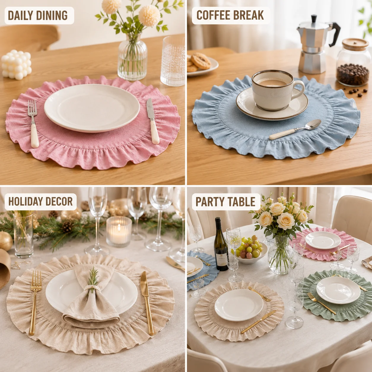 Round Cotton Placemats with Ruffle Edge Washable Table Mats Cloth Napkins for Dining Kitchen Wedding Party Home Decoration Use - view 5