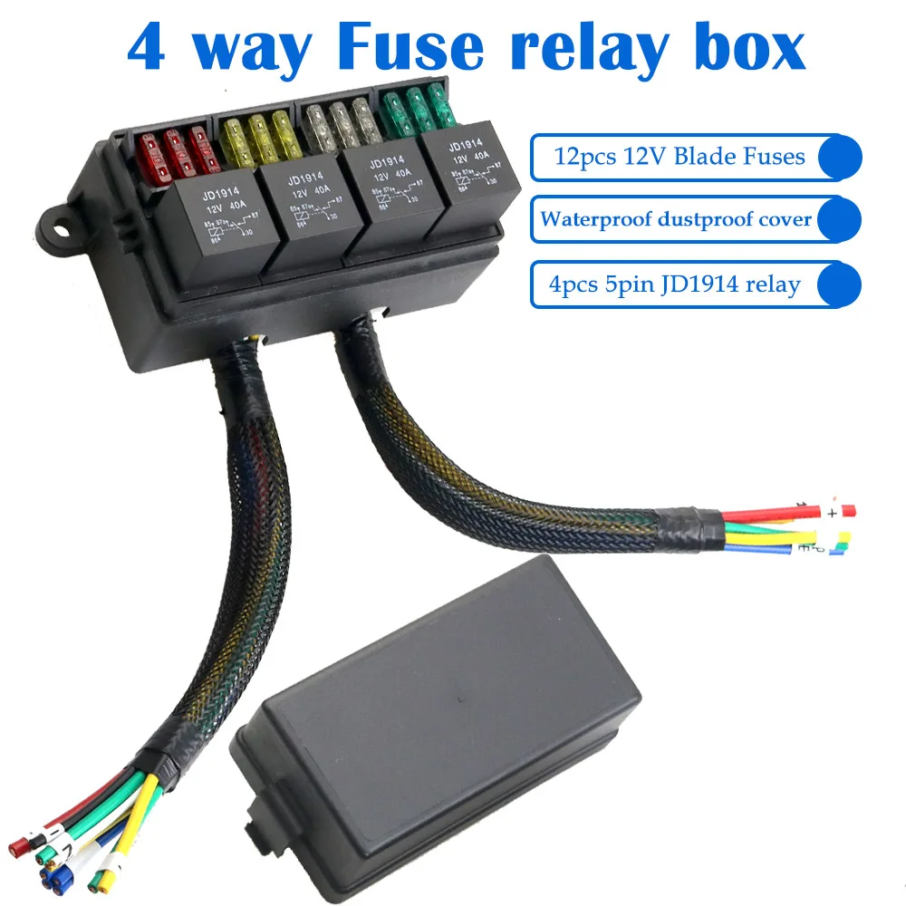 12V Fuse Relay Box Pre-Wired Fuse and Relay Box with 4 Relay 12 Way ATC/ATO Fuses Sealed 12V Relay Fuse Box for Car