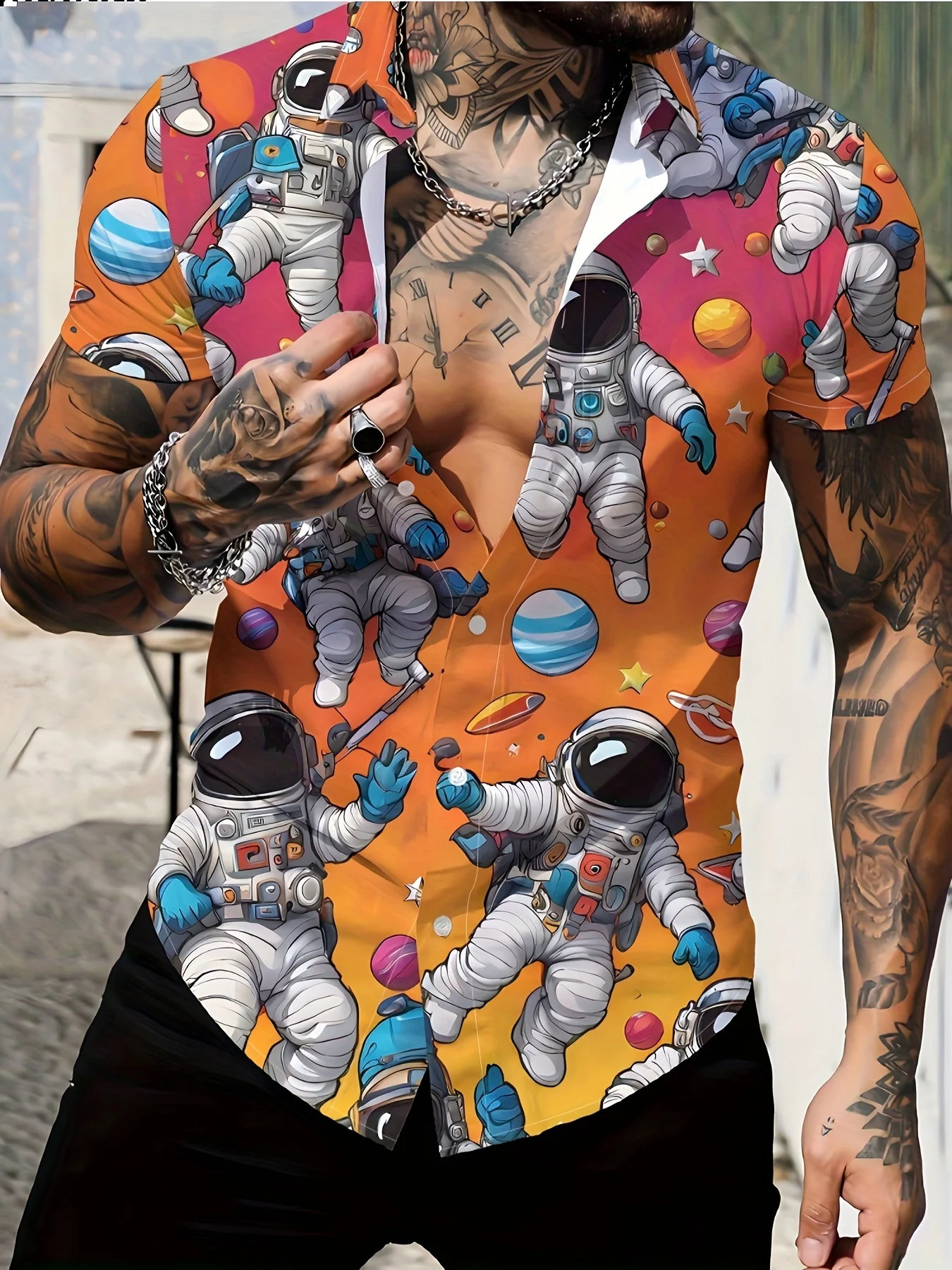 Men's Short Sleeve Shirt Astronaut Planet Space Print Lapel Button Down Beach Casual Mens Clothing