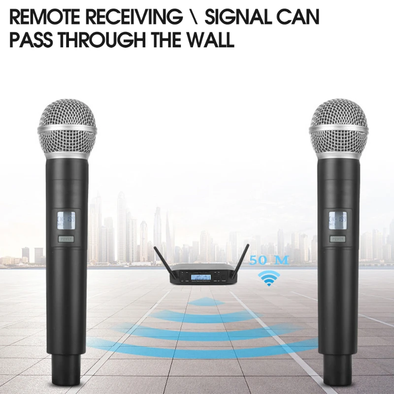 LEEDOAR Dual Channels UHF Wireless Microphone Set Handheld Fixed Frequency Dynamic Mic For Karaoke Wedding Party Church Show