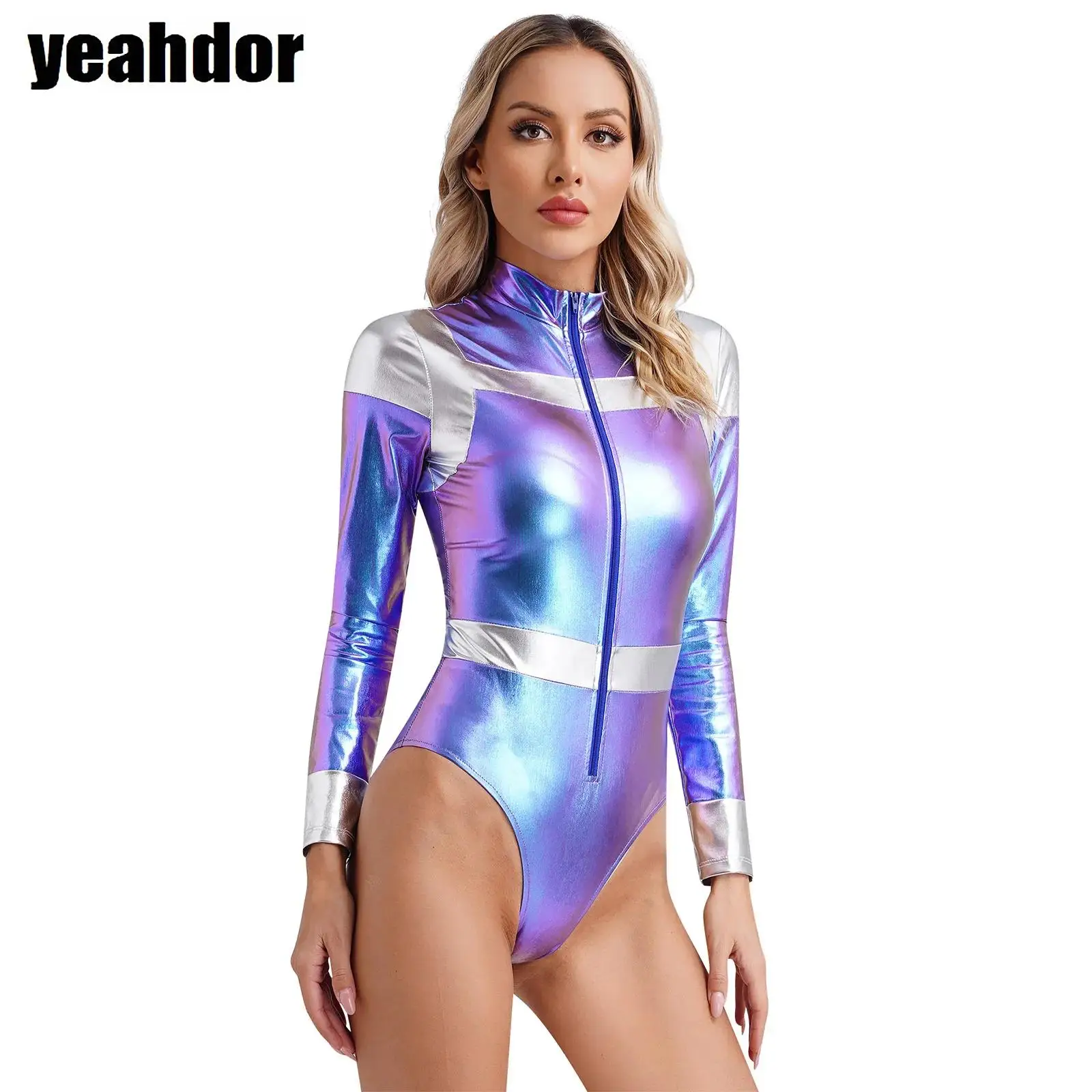 

Women Space Astronaut Costume Long Sleeve Bodycon Leotard Bodysuit Shiny Metallic Jumpsuit Masquerade Halloween Alien Cosplay