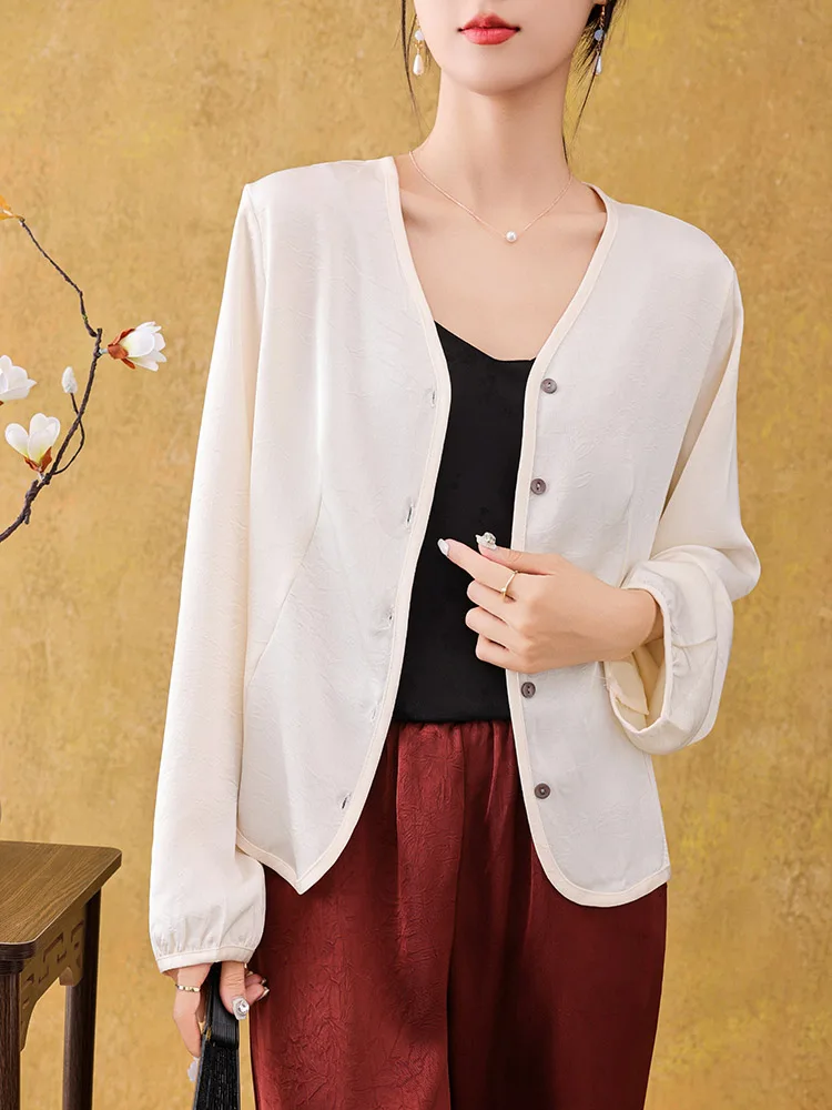 

25New Summer Long Sleeved Shirt Buttoned Cardigan Silk Satin Top Women High Grade T-Shirt Fashion Comfortable Leisure TShirt Top