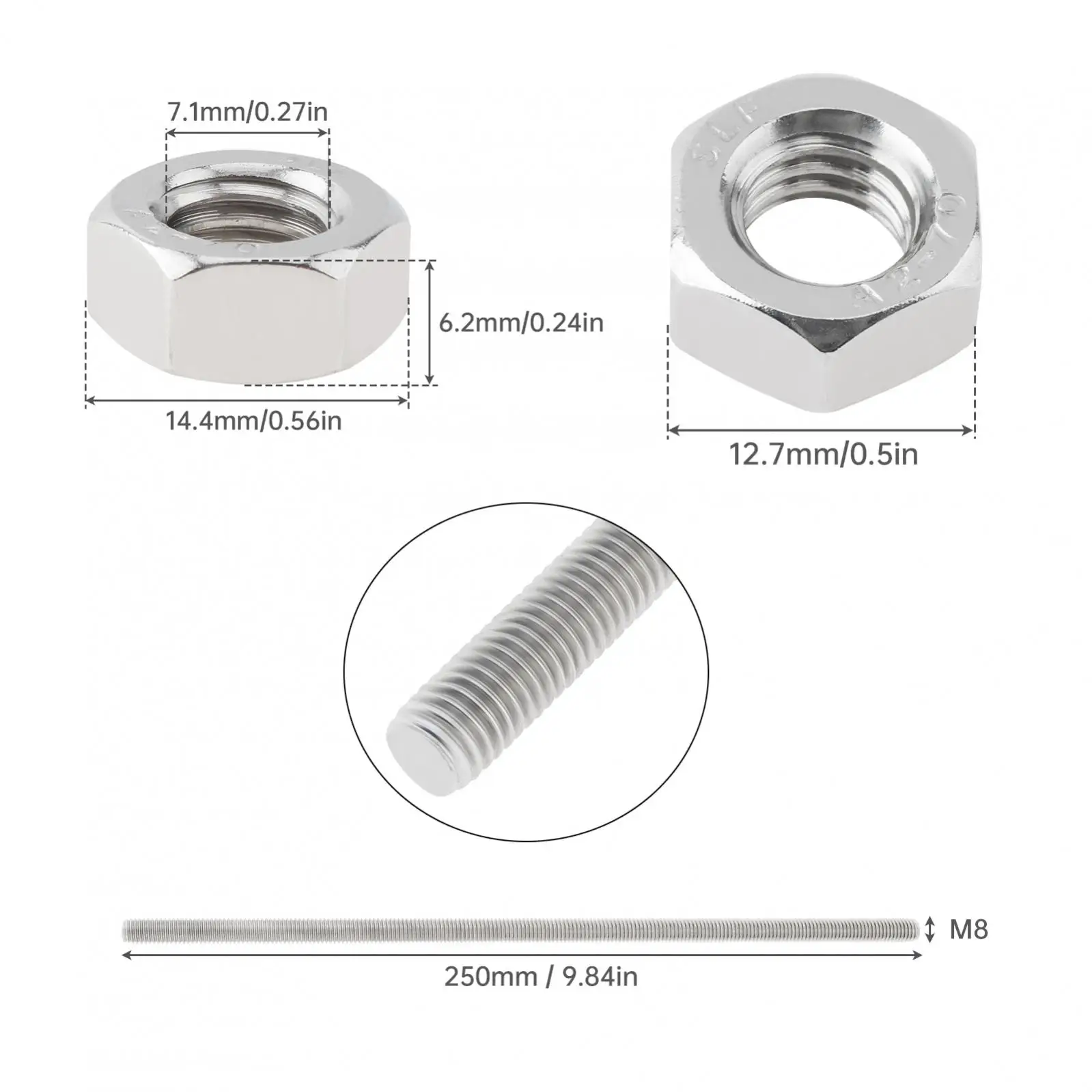 5pcs M8 304 Stainless Steel 9.8 Inch (250MM) Length Fully Threaded Rods for Anchor Bolts/Hangers U Bolts with 10pcs M8 Hex Nuts