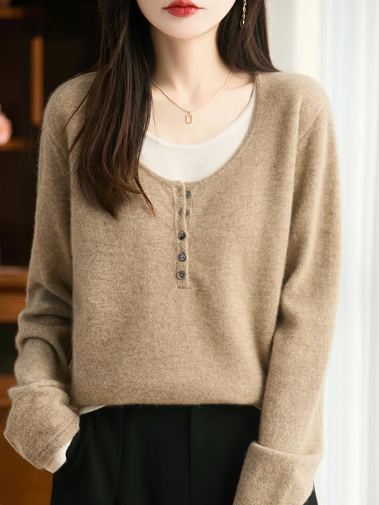 

Женский шерстяной свитер с круглым вырезом и длинными рукавами, пуловер на осень-зиму, трикотаж из 100% мериносовой шерсти, искусственная корейская популярная одежда из двух предметов