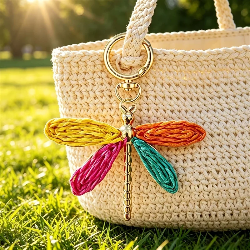 Colorful Woven Dragonfly Keychain Pendant Bohemian Style Pendant Hand-Woven Keychain Accessory Beach Bag Charm