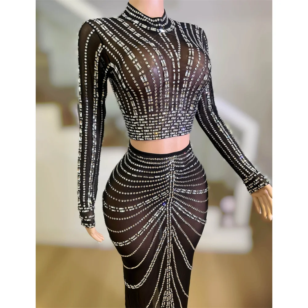 Haut court en maille noire avec strass transparents, jupe longue, tenue pour femmes, fête d'anniversaire, discothèque, Bar, ensemble 2 pièces, Costume de scène