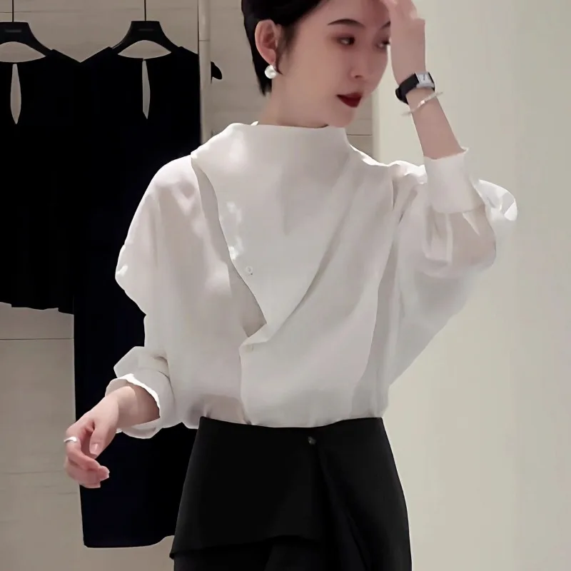 Jesienna bluzka damska z kołnierzykiem stójką, długi rękaw, nowa kolekcja wiosna-jesień, asymetryczny krój.