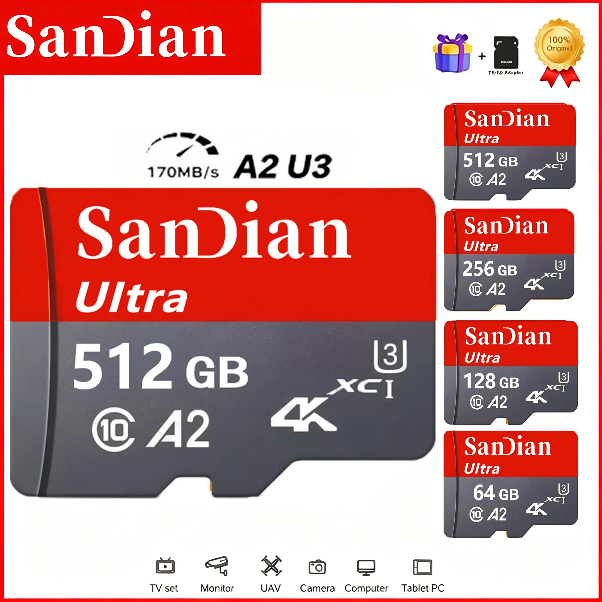 Low-Power Memory Card 64GB 128GB 32GB SD Cards TF Cards Micro TF SD Card 8K for Drone/Smartphone/E-Reader/MP4 Player/Car DVR