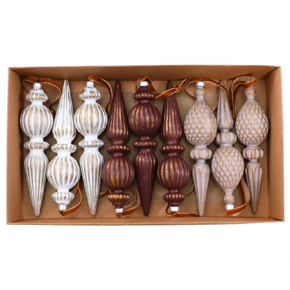 Elegant Christmas Tree Hanging Ornaments Vintage Brown Cream Teardrop Baubles Decorative Gift Box Holiday Decor