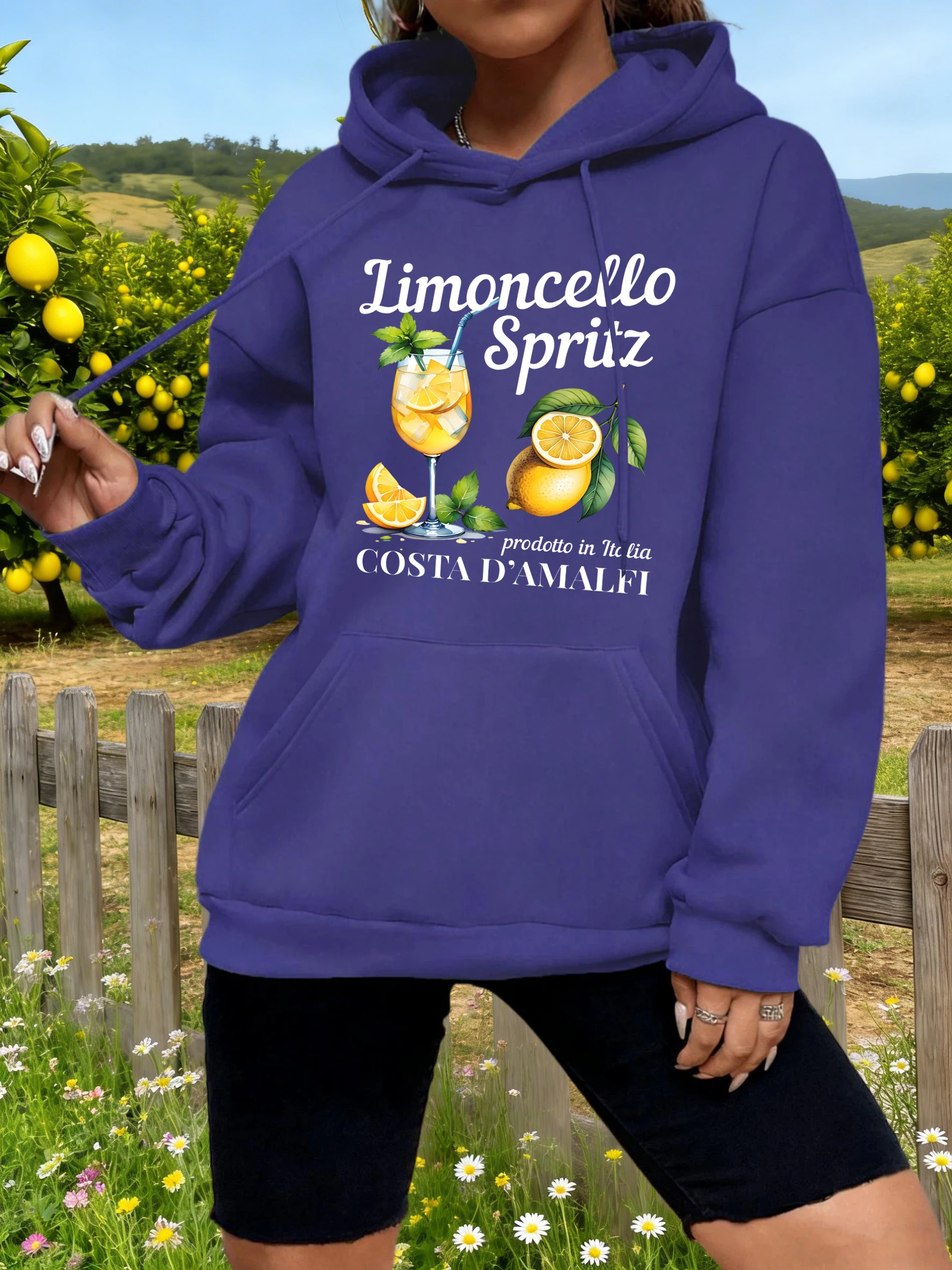 

Женские худи Limoncello Spritz Coast Lemon Printing: свободные флисовые толстовки с карманами в стиле Y2K, удобная осенняя повседневная уличная одежда