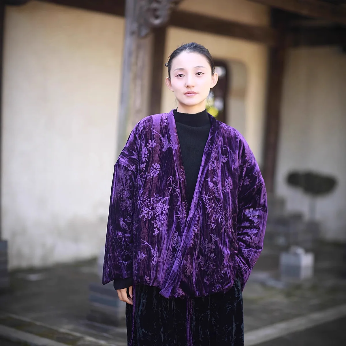 

Autumn Winter Coats for Women Velvet Vintage Print Drawstring Quilted Cardigan Design Jacquard Jacket Purple Loose Cotton Coat