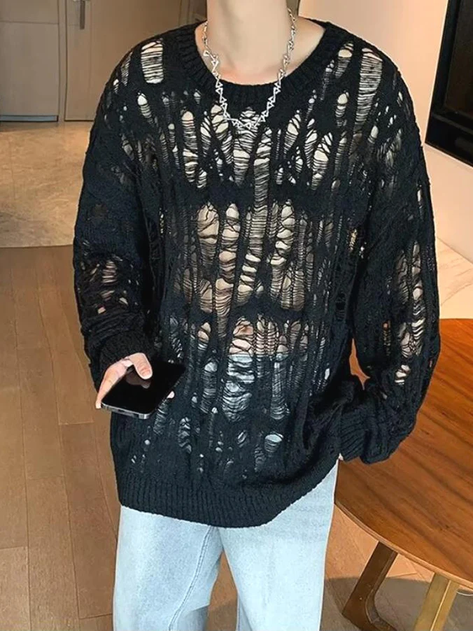 

Men's Hollow out Knitted Long Sve T-irt Ripped Loose Fit Casual Sle American Faion Soft Knitwear round Ne Warmth