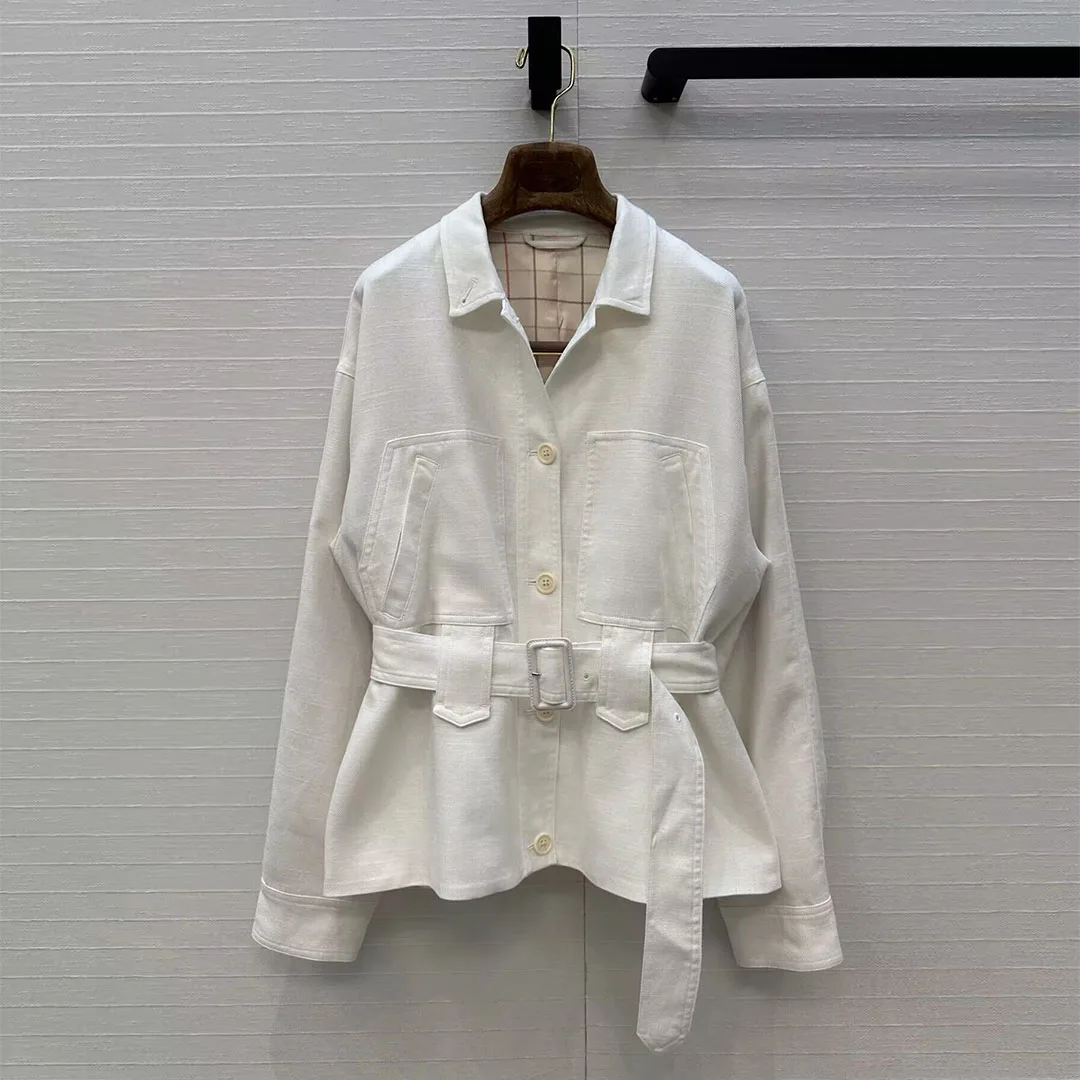 

Old Money Style Cotton Linen Jacket Women Turn-down Collar Long Sleeve Single Breasted Slim Belt Loose Casual Oversize Coat