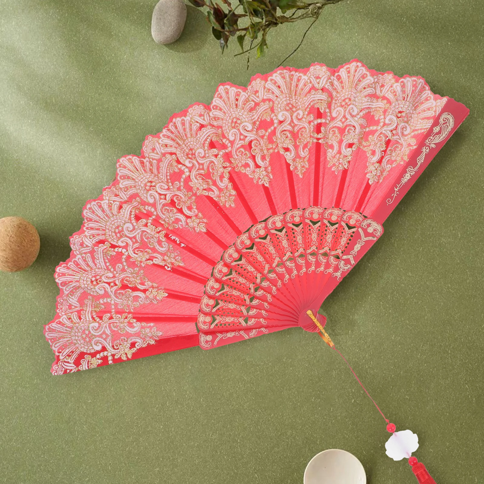 

Elegant Folding Fan H Fan Decorative Chinese Style Embroidered Tassel Foldable Dance Performance Photo Prop Cooling Portable