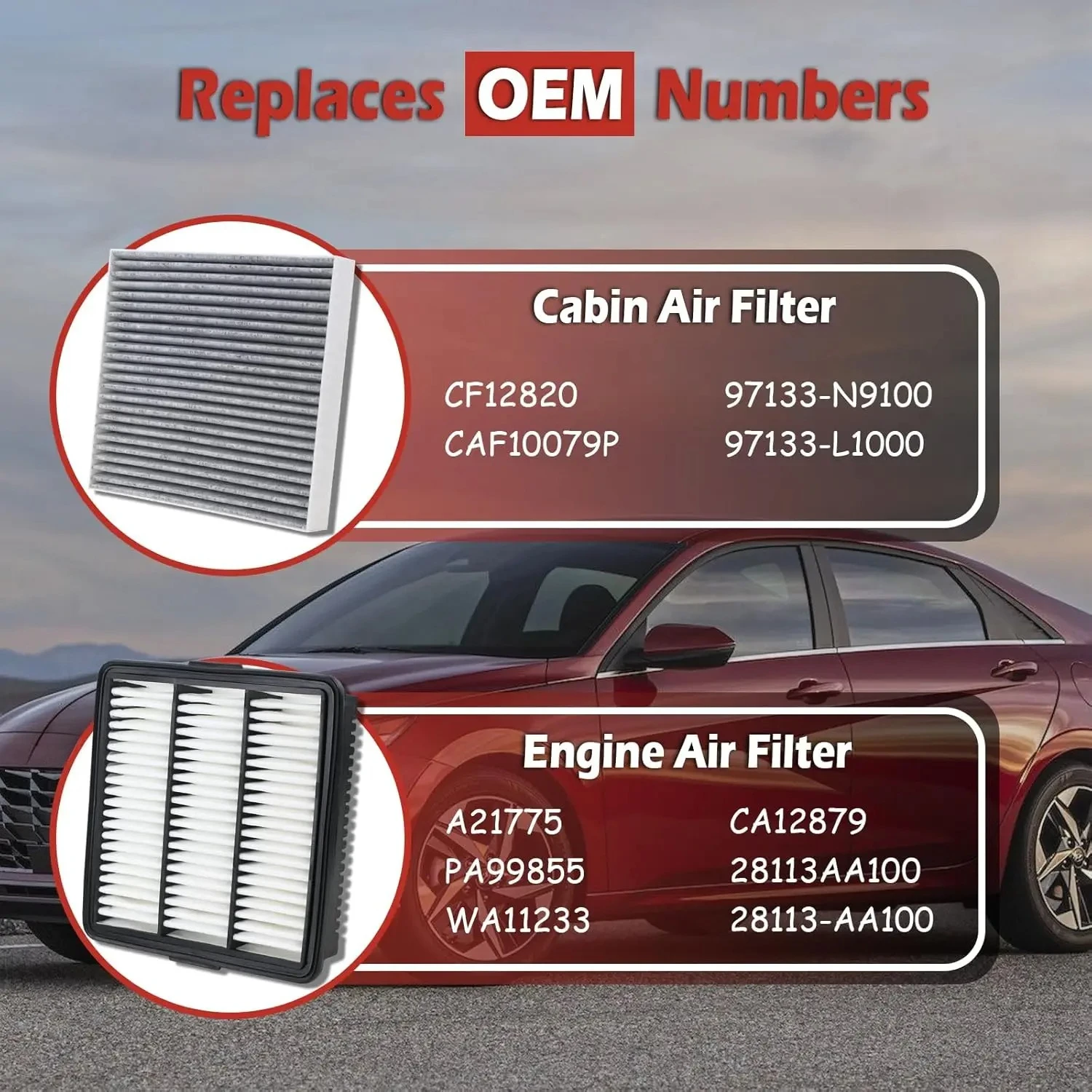 Engine Air Filter + Cabin Air Filter 28113-AA100 97133-L1000 For Kona Gas 2024 2025 For Hyundai Elantra 2021-2025 1.6L/2.0L