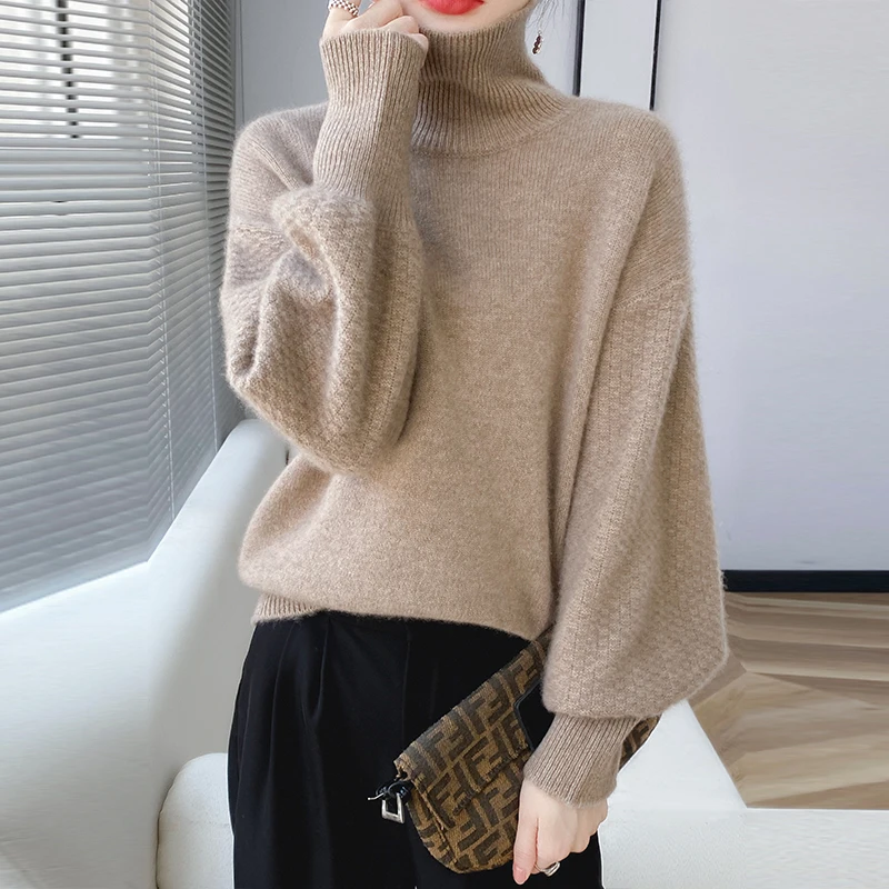 100%Merino Wool Turtleneck Sweater Women\'s 2023 Autumn/Winter New Cashmere Knit Pullover Korean Loose Fashion Clothing For Women