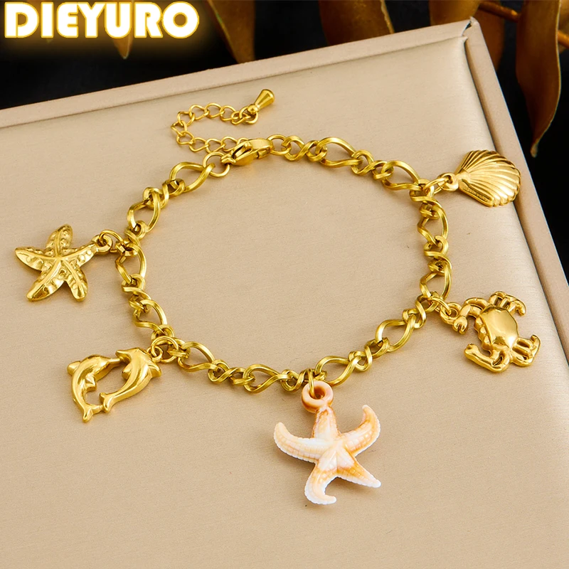 

DIEYURO 316L Stainless Steel Scallop Crab Starfish Pendant Bracelet Lady New Classic Ocean Style Wrist Chain Vacation Jewelry