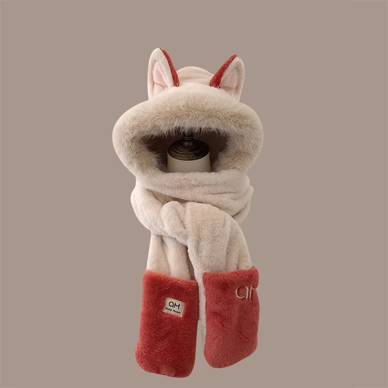 Winter new Firefox ears warm furry skiing scarf gloves one-piece hat children