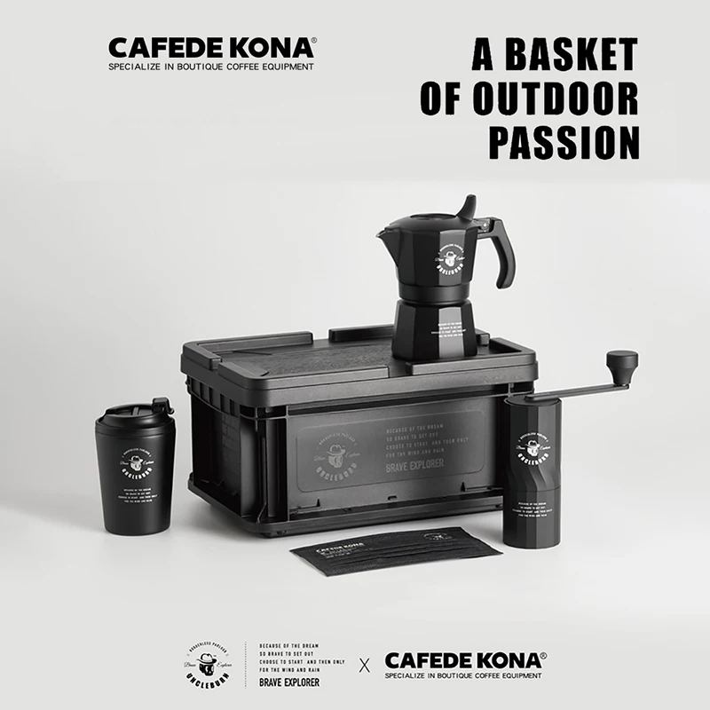 CAFEDEKONA & UNCLE BURN Brewing Kit Outdoor Camping Coffee Set Coffee Maker Moka Pot + Coffee Grinder + Coffee Cup + Storage Box