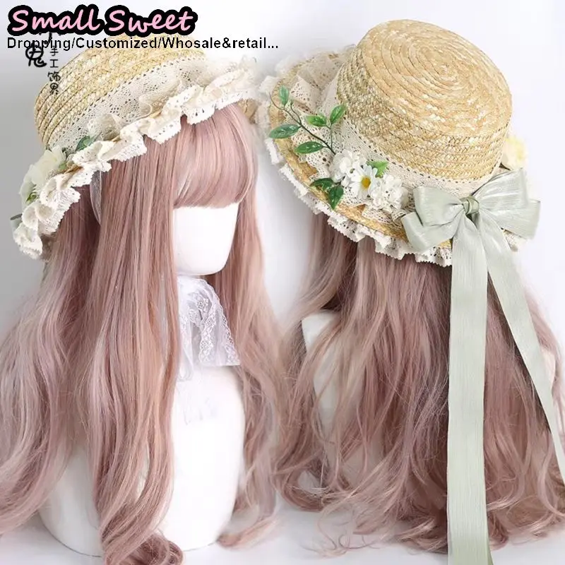 Small Sweet Store Lolita Straw Hat Women Girls Summer Women Elegant Lolita Lace Straw Hat Handmade Beach Sun Hat Forest-Style
