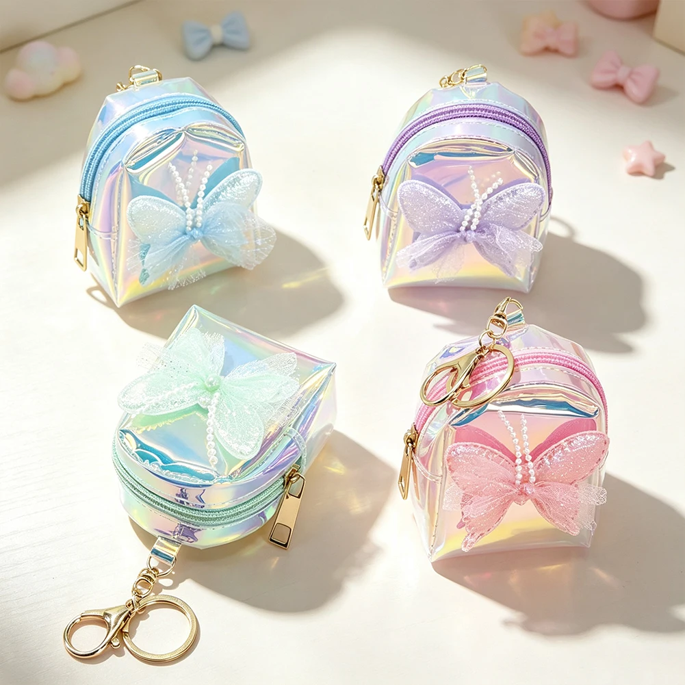 Mini Purse Keychain Cute Aesthetic Wallet Keyrings Iridescent Small Storage Bag Holographic Bowknot Fashion Look Backpack Charm