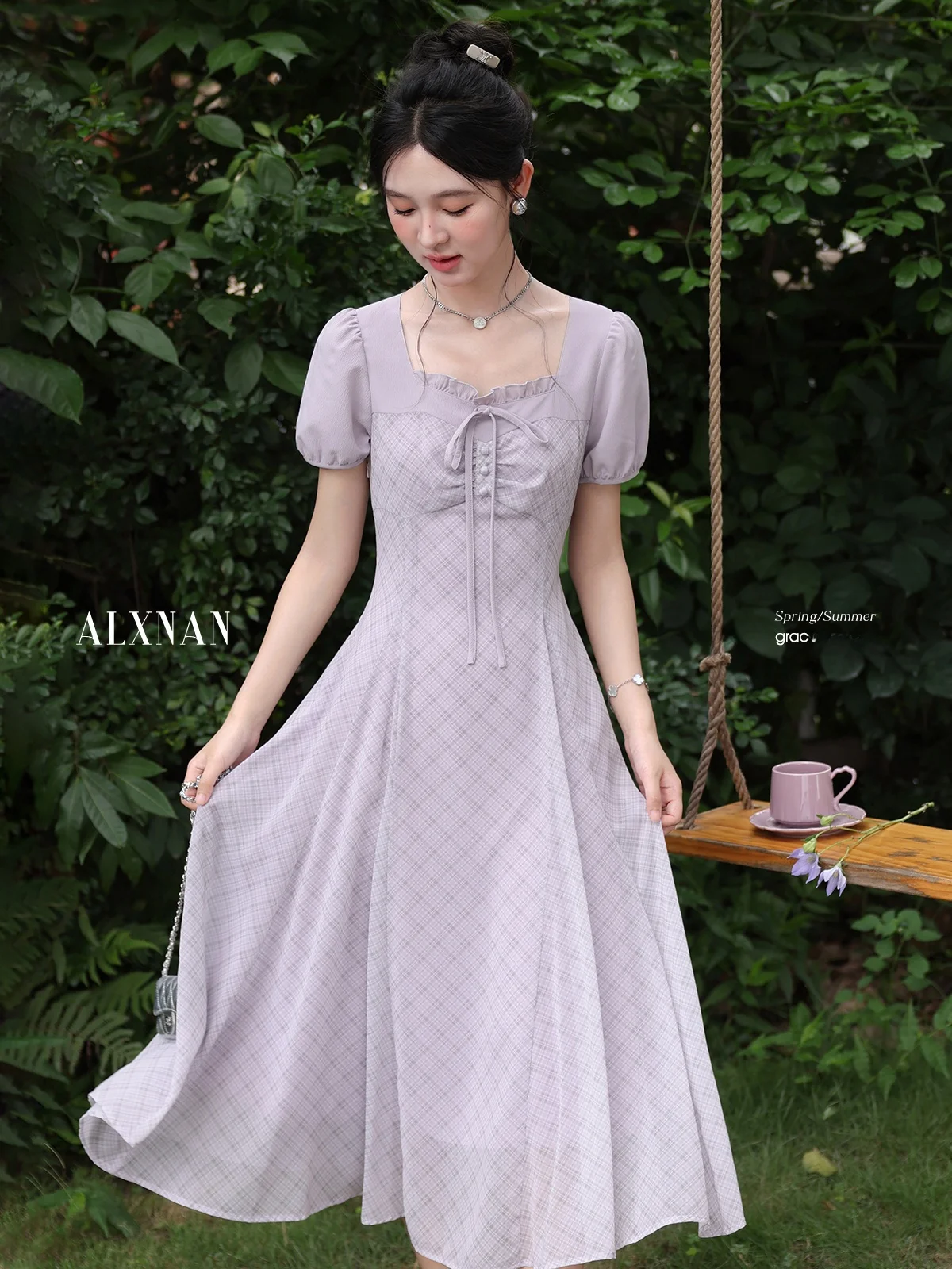 

Elegant Purple Long Dress Collared Women's Summer New Style A-Line Skirt Short Sleeve Gathered Waist Premium Feeling Dress