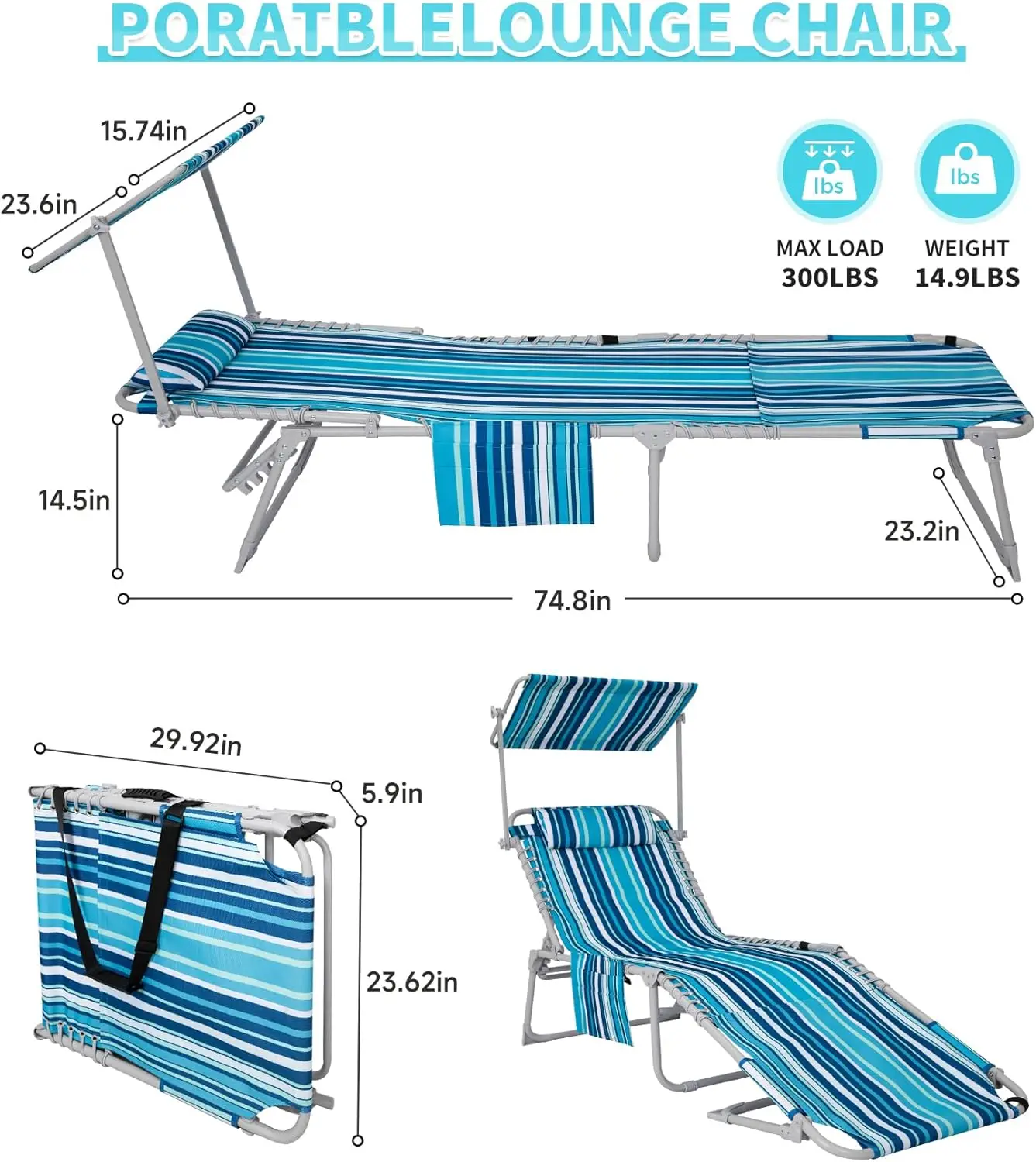 كرسي تسمير 3 في 1 مع فتحة للوجه ومظلة، 300 رطل شديد التحمل و5 أوضاع قابلة للطي وكراسي صالة في الهواء الطلق مع وسادة #2