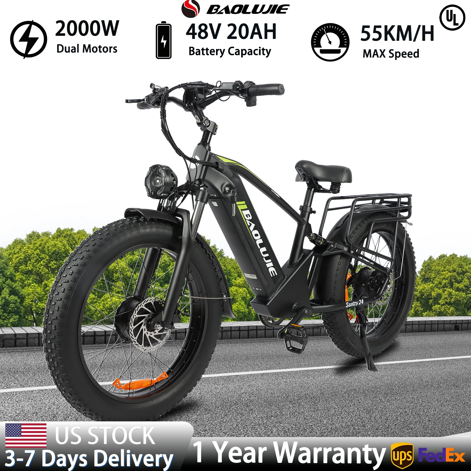 【1-летняя гарантия】Электрический велосипед BAOLUJIE 2401, 2000 Вт, электровелосипед с аккумулятором 35 миль в час, 24-дюймовый электрический велосипед с 7 скоростями, электрический велосипед для взрослых