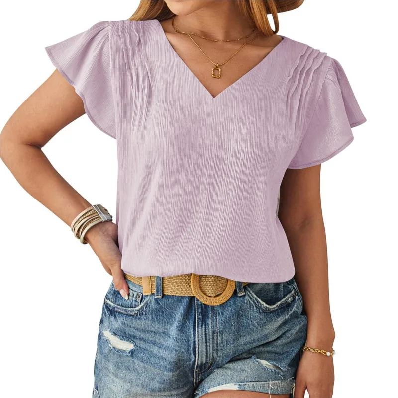 Elegant Light Purple Women's Blouse Round Neck Pullover Petal Sleeves Loose Casual Solid Color Versatile Shirt Top 2025 New Item