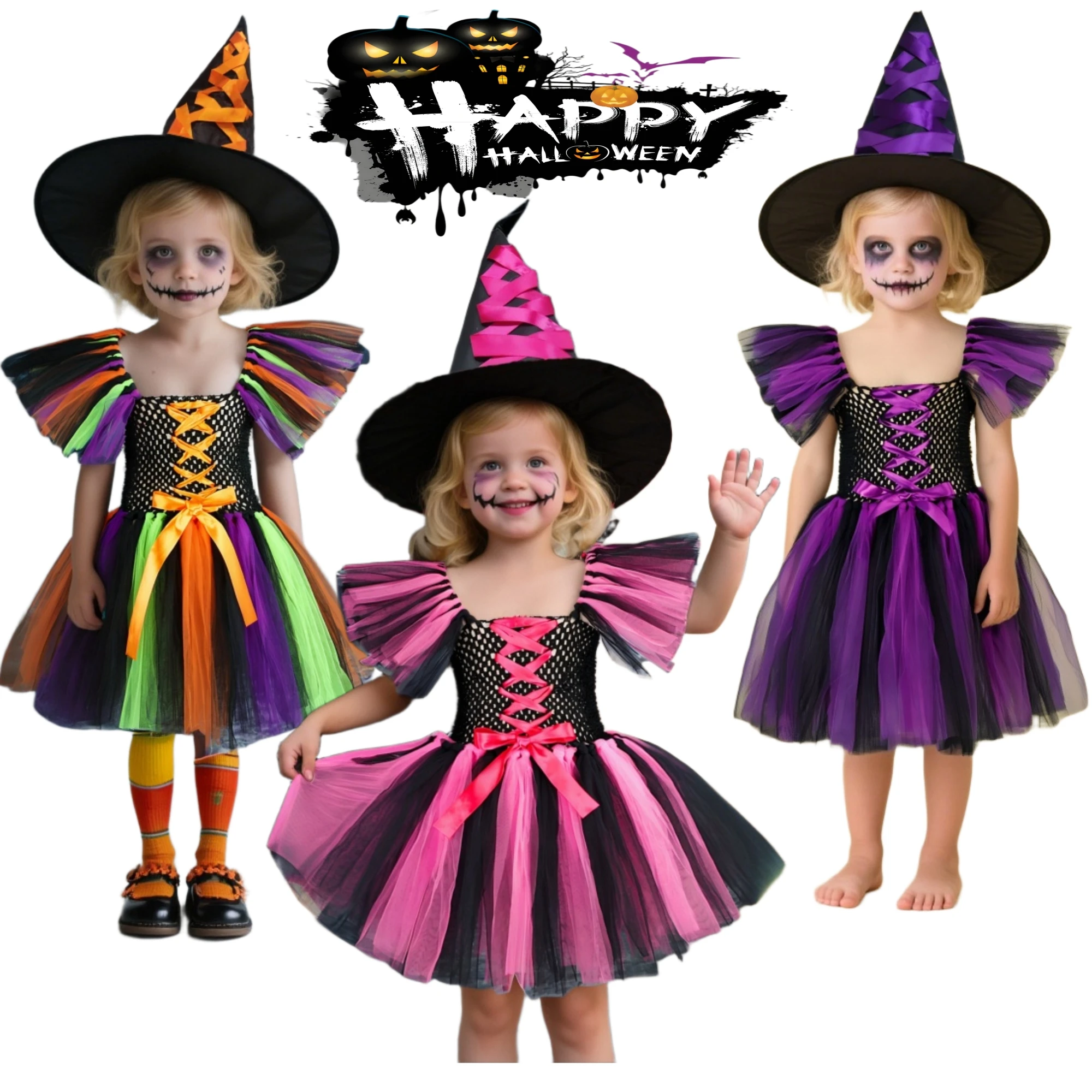 

Girls Halloween Kids' dresses Disguise Witch Costume for Tutu Knee Dress Hat Broom Pantyhose Kids Carnival Cosplay Party Outfit