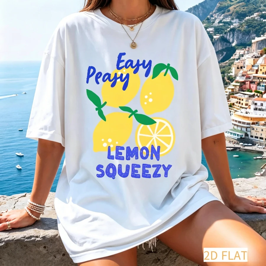 Camiseta Feminina Estilo Coreano com Estampa de Limão, Blusa Casual de Manga Curta, Estética Minimalista, Camiseta Gráfica de Verão com Estampa de Limão Fresco