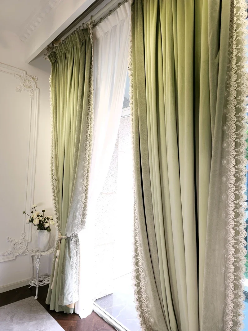تخصيص الدانتيل الأخضر التطريز المخملية سميكة ستائر التعتيم لغرفة المعيشة غرفة نوم نافذة الفرنسية شرفة فيلا #5