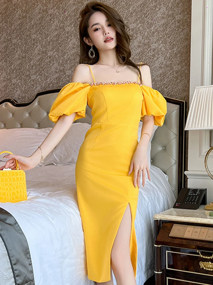 Sweet Gentle Elegant Dress for Women Sexy Korean Satin Yellow Off Shoulder Split Robe Lady Party Runway Vestidos Fashion Show