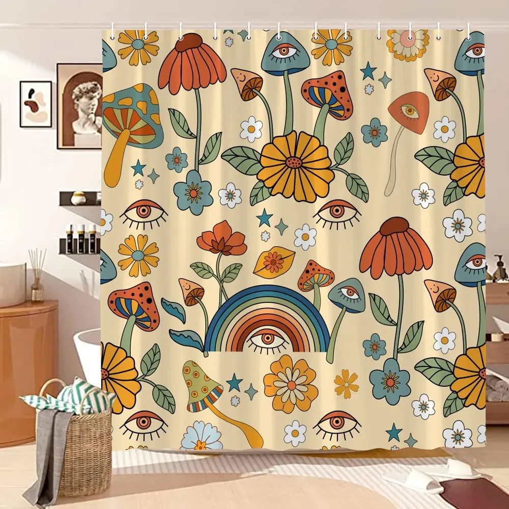 Mushroom Shower Curtain Retro Butterfly Floral Boho Moon Botanical Wildflowers Green Plant Aesthetic Bath Curtain Bathroom Decor