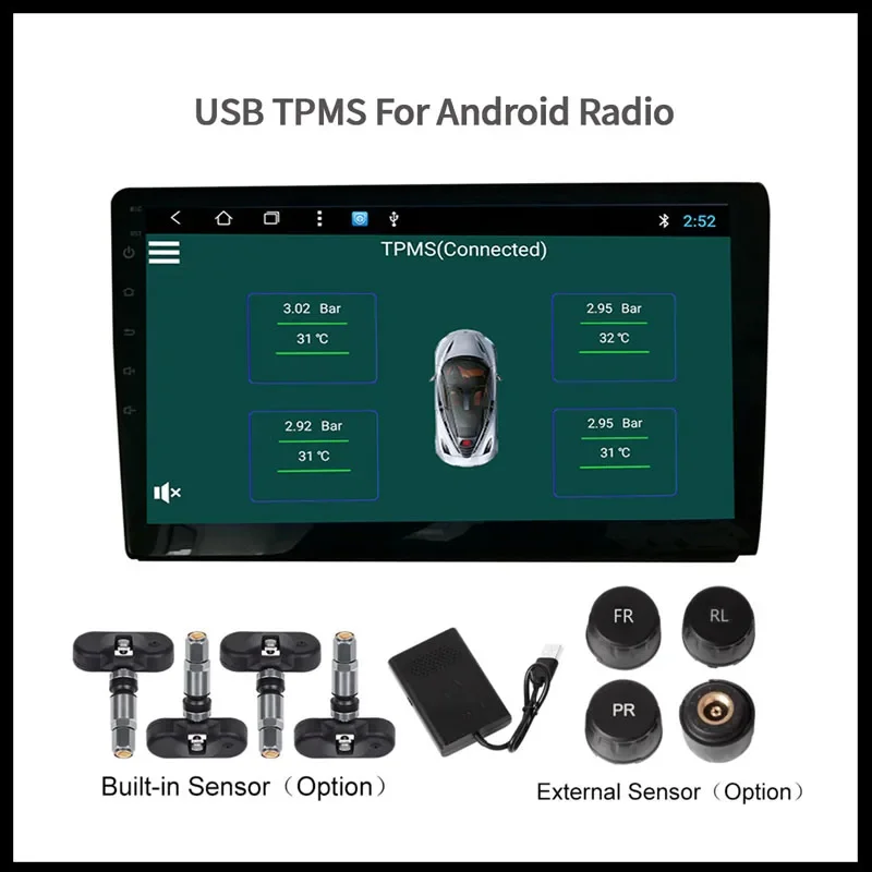 LS USB Android TPMS Tire Pressure Monitoring System Display Alarm System Internal External 5 Sensors For Car Navigation Radio