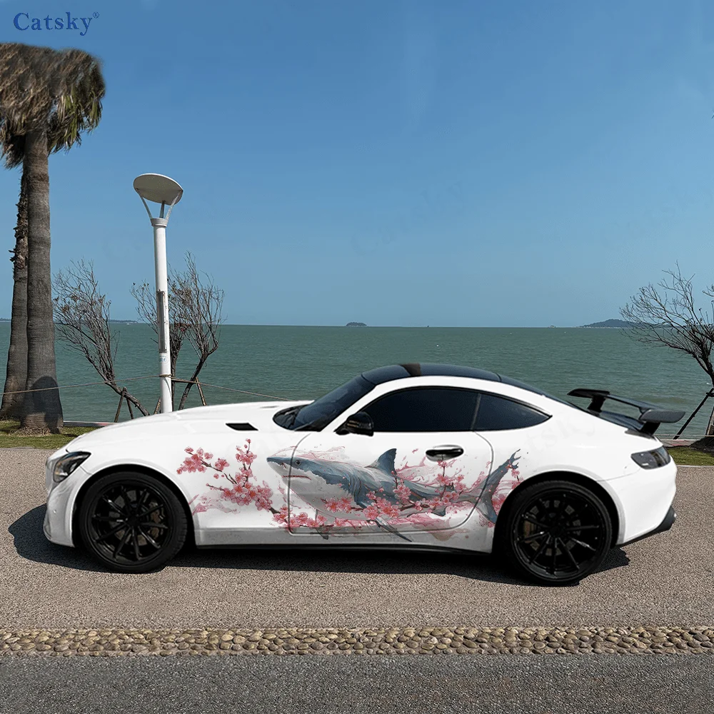 

Красочная акула, цветочная ветка, автомобильные виниловые наклейки, самоклеящаяся наклейка из ПВХ, подходит для грузовиков, внедорожников, декор, автоаксессуары, подарок